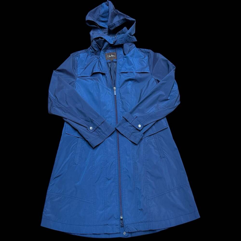 Cole Haan Women's Hooded Rain Trench Coat Navy Blue Size S